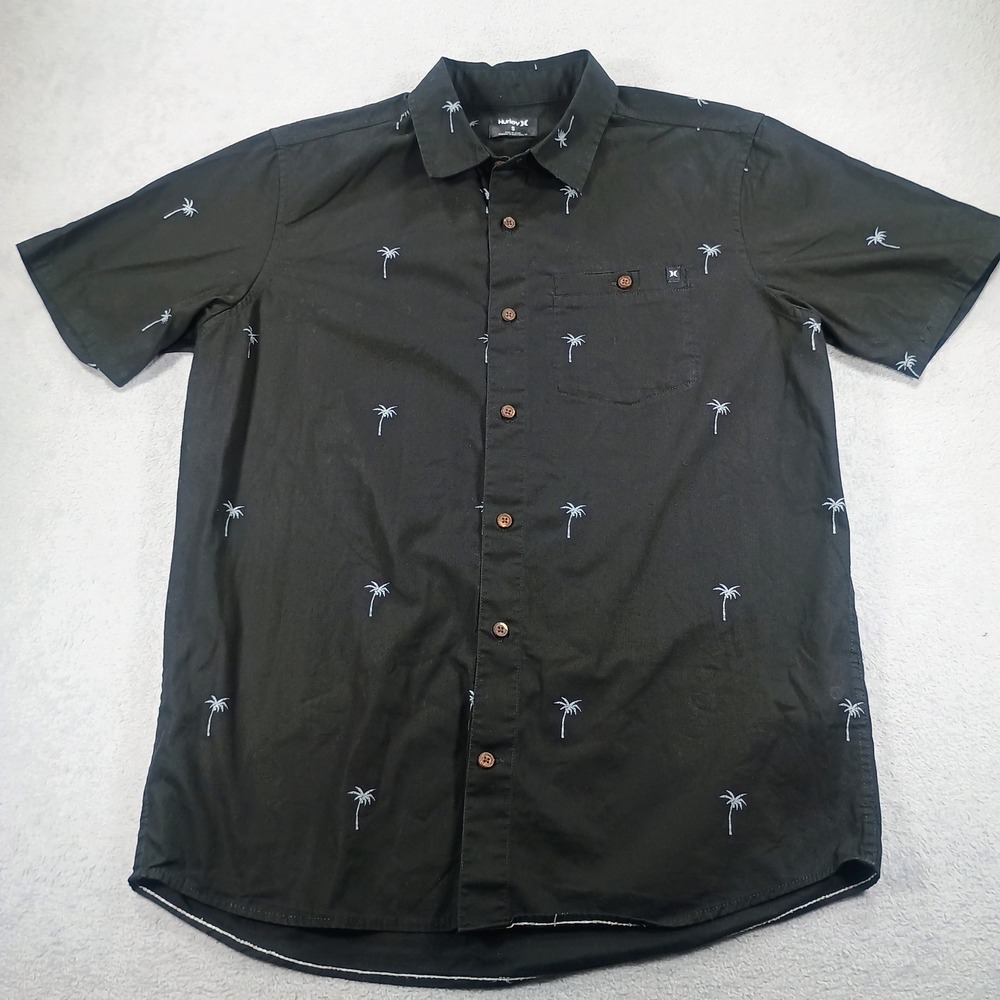 Hurley Mens Button Down Shirt Black S Palm Tree Print Short Sleeve